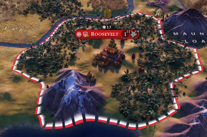 Roosevelt capital in Civilization VI nestled between rainforest and a volcano named Mauna Loa